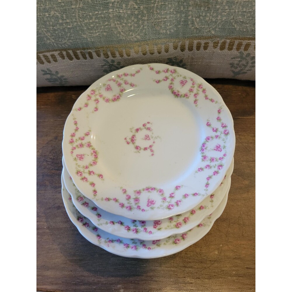 Antique KPM Porcelain Luncheon Plates: Rose Swag Decor, Set of 3